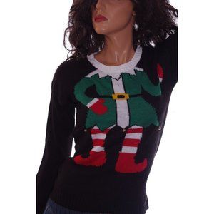 Derek Heart Womens Elf Christmas Sweater Jingle Bells Black Green Size Medium